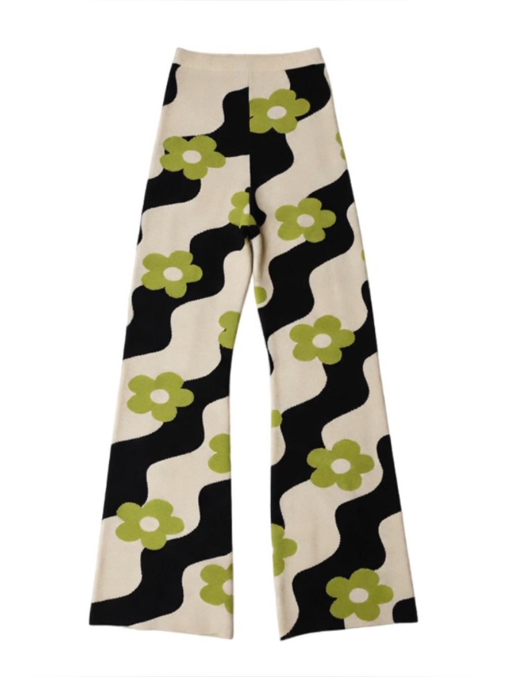 Wide-Leg Floral Wave Knit Pants - Cream, Black & Green Size S